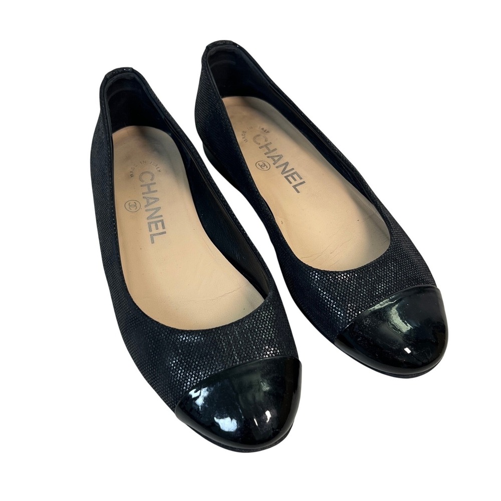 100% Authentic Chanel Black Leather Cap Toe Ballet Flats Shoes Size 35.5 5.5 - Picture 2 of 13